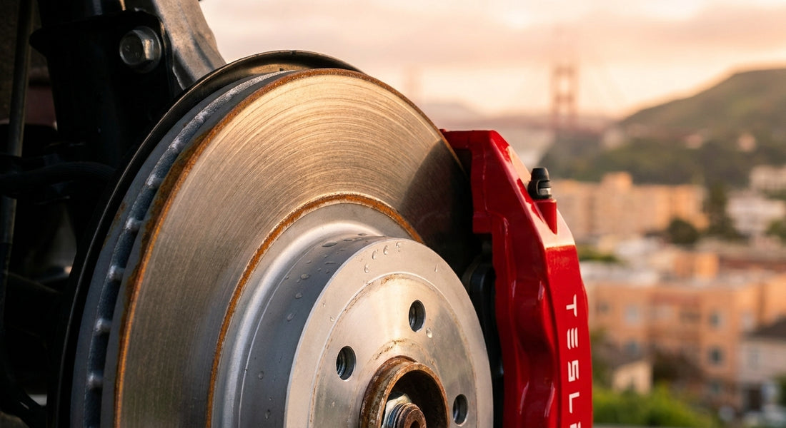 Close-up of a Tesla brake rotor and caliper assembly showing subtle rotor edge oxidation, set against a blurred Bay Area urban background in warm golden-hour light.