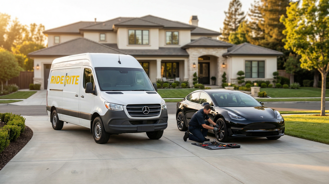 RideRite technician working on a Tesla suspension in the customer's driveway