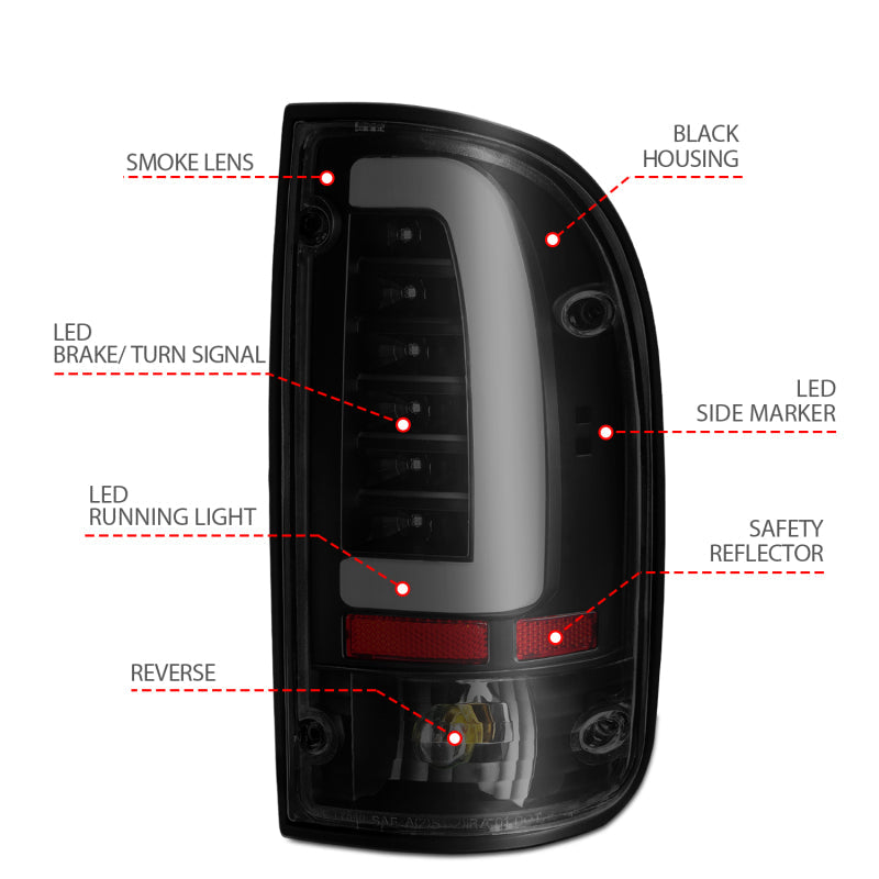 ANZO 1995-2000 Toyota Tacoma LED Taillights Black Housing Smoke Lens (Pair) 311354