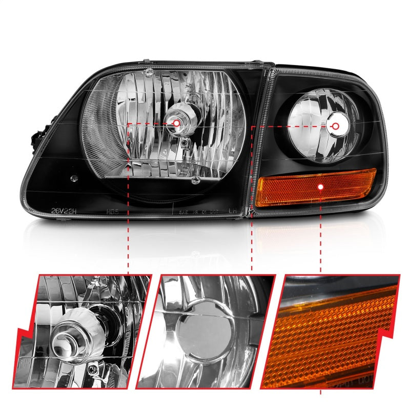 ANZO 1997-2003 Ford F150 Crystal Headlight Black w/ Parking Light 111460