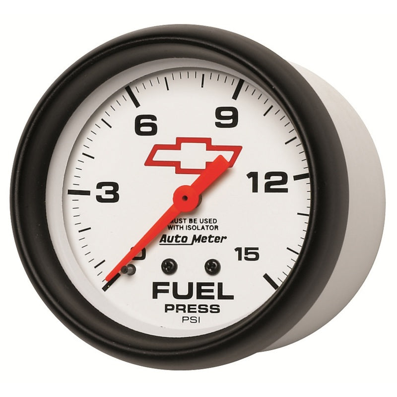 AutoMeter Gauge Fuel Press 2-5/8in. 15PSI Mech W/Isolator Chevy Red Bowtie White 5813-00406