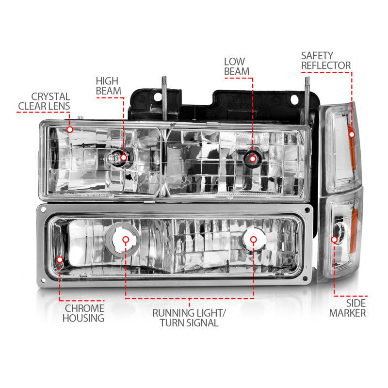 ANZO 88-98 Chevrolet C1500 Crystal Headlights Chrome w/ Signal and Side Marker Lights 111506