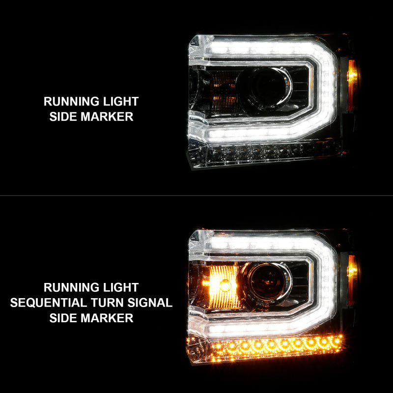ANZO 2014-2015 Gmc Sierra 1500 Projector Headlights w/ Light Bar Chrome Housing (Halogen Type) 111514