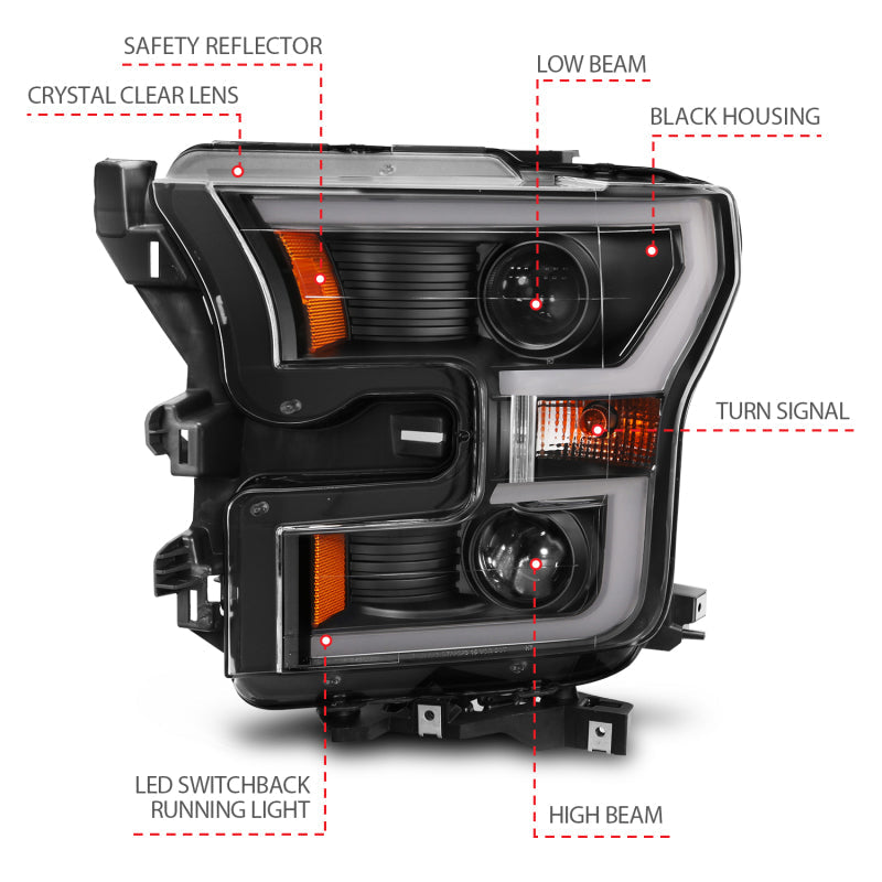 Anzo 2015-2016 Ford F-150 Projector Headlights w/ Plank Style Switchback Bl (view 7)