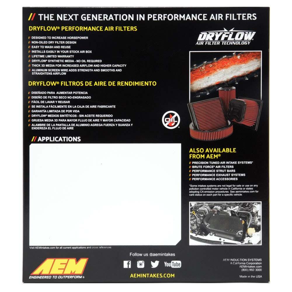 AEM Induction AEM 2010 Kia Sorento 2.4L and 3.5L DryFlow Air Filter 28-20448