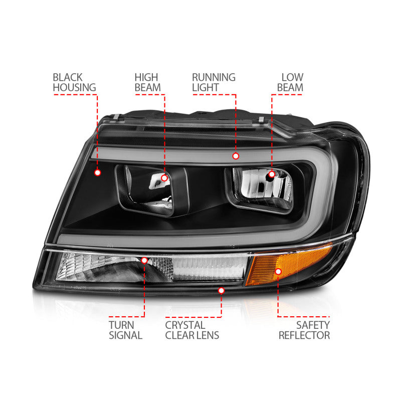 ANZO 99-04 Jeep Grand Cherokee Crystal Headlights - w/ Light Bar Black Housing 111537