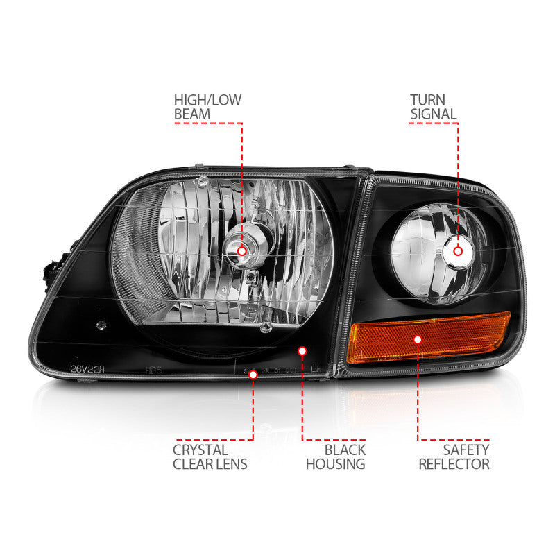 ANZO 1997-2003 Ford F150 Crystal Headlight Black w/ Parking Light 111460