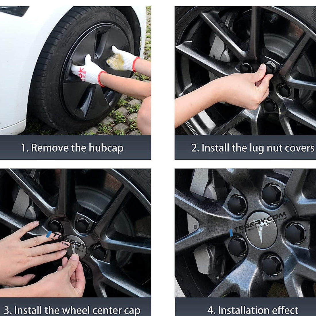 Wheel Center Cap Kit with Puller for Model 3/Y/S/X | 4 Hub Caps + 20 Lug Nut Covers (view 8)