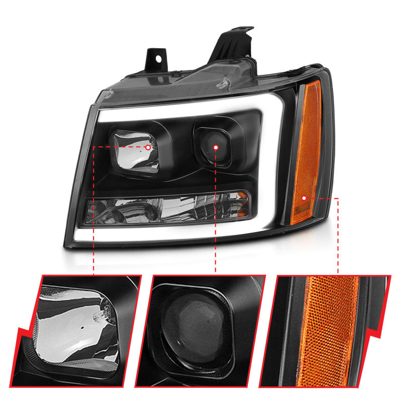 ANZO 07-14 Chevy Tahoe Projector Headlights w/ Plank Style Design Black w/ Amber 111402