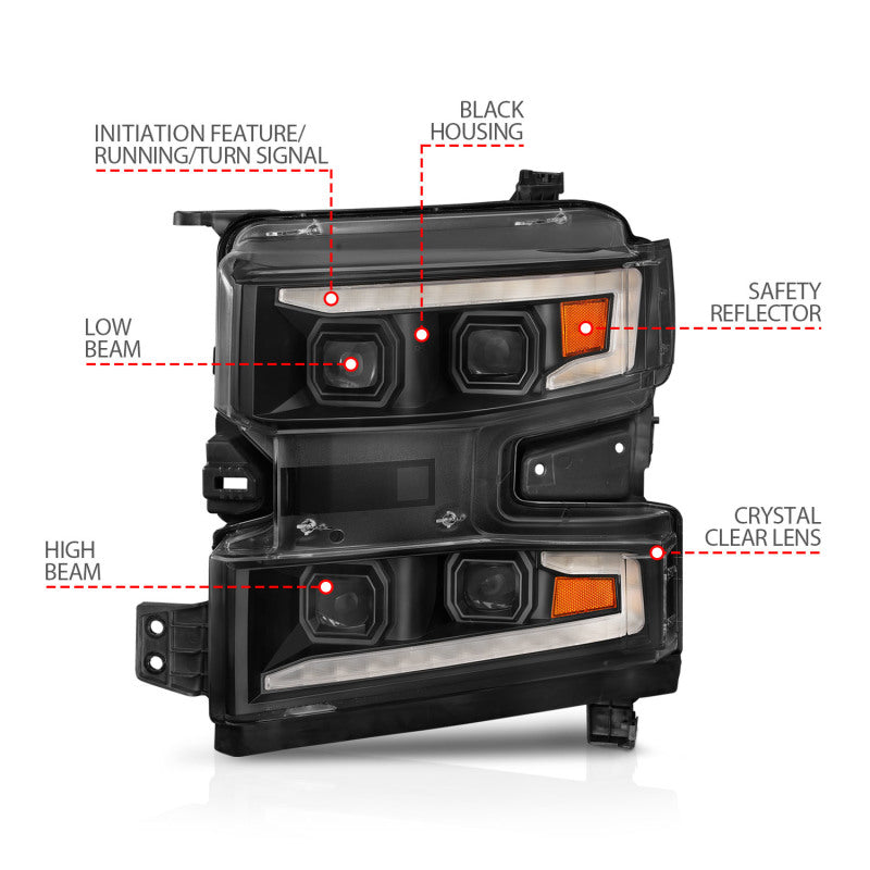 ANZO 19-22 Chevrolet Silverado 1500 LED Proj HL w/Lgt Bar SwBk Seq. Blk w/In. Light - Driver Side ON 111566-L