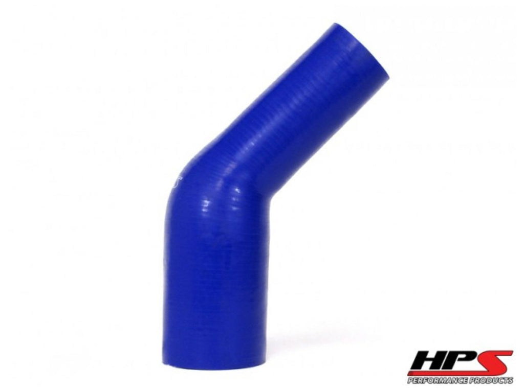 HPS 3-1/4" - 3-1/2" ID, Silicone 45 Degree Elbow Reducer Coupler Hose, High Temp 4-ply Reinforced, Blue, 83mm - 89mm ID (view 2)
