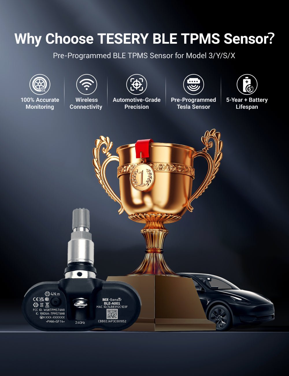 TESERY BLE Bluetooth Tire Pressure Monitoring Sensor(TPMS) for Model 3/Y/S/X (view 3)
